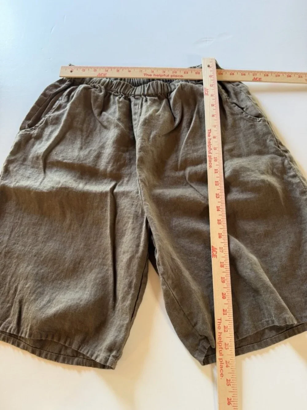 Vintage FLAX brown 100% linen pull-on elastic lagenlook city shorts M comfy